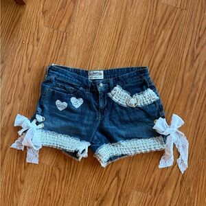 Signature by Levi Strauss Dark Blue Jean Shorts with White Lace and Bow Accents